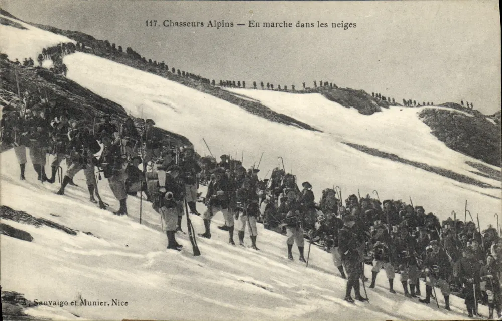 Alpine Jäger — Auf dem Weg durch den Schnee — Sauvaigo und Munier, Nizza - Vorderseite