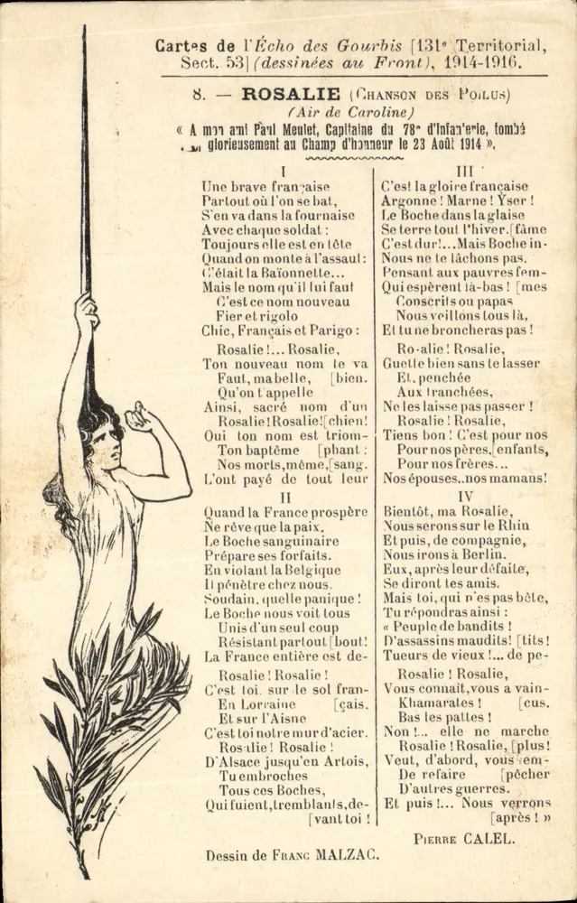 Rosalie (Lied der Poilus) — Karten von L'Écho des Gourbis, Sect. 53, 1914-1916 — Zeichnung von Franc Malzac - Vorderseite