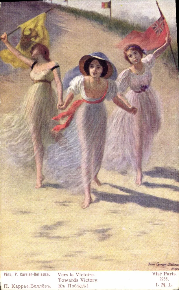 Drei Frauen, die zum Sieg marschieren — P. Carrier-Belleuse, Nr. 2256 — patriotische Ausgabe - Vorderseite