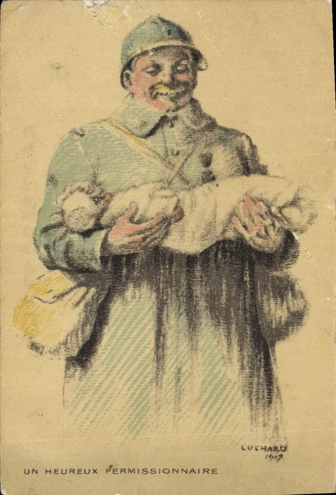 Ein glücklicher Urlaubsgestellter — Soldat in Uniform von 1917 mit einem Baby — Verlag LUCHARD 1917 - Vorderseite