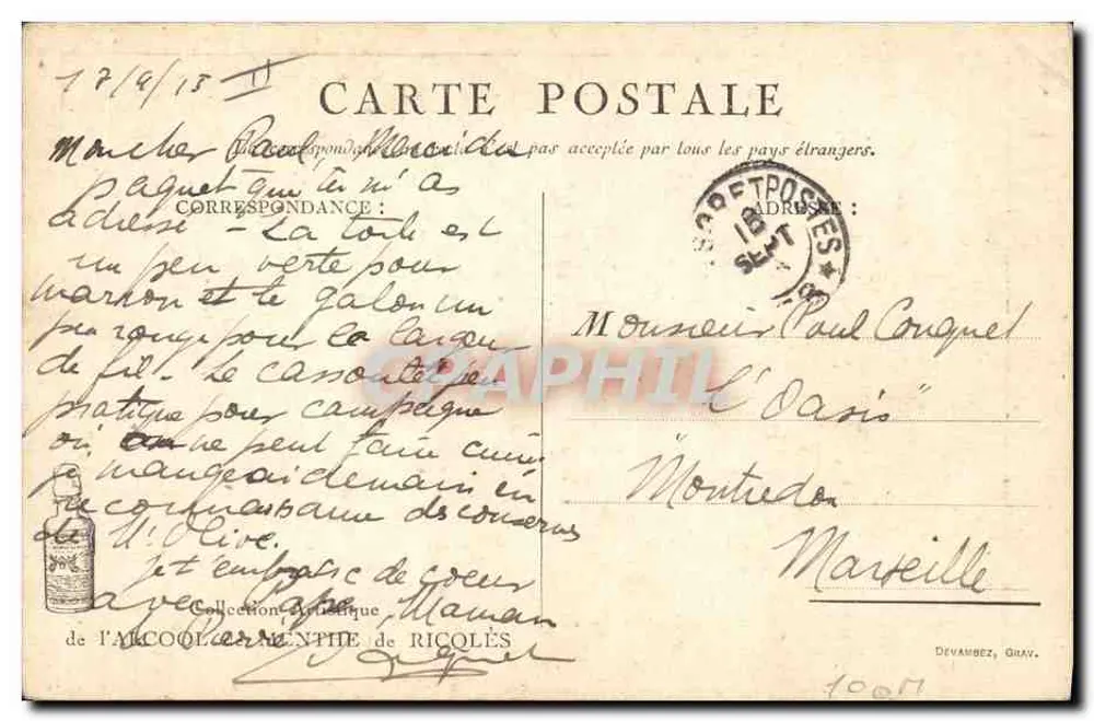 Deux soldats en pleine campagne — scène de jeu de pile ou face — éditeur Devambéz, Grav. n° 1007 - Rewers