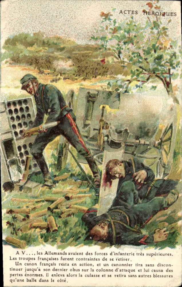 Scène de combat — soldat français tirant depuis un canon, un camarade blessé à terre — éditeur IMP. CAMIS PARIS - Frente