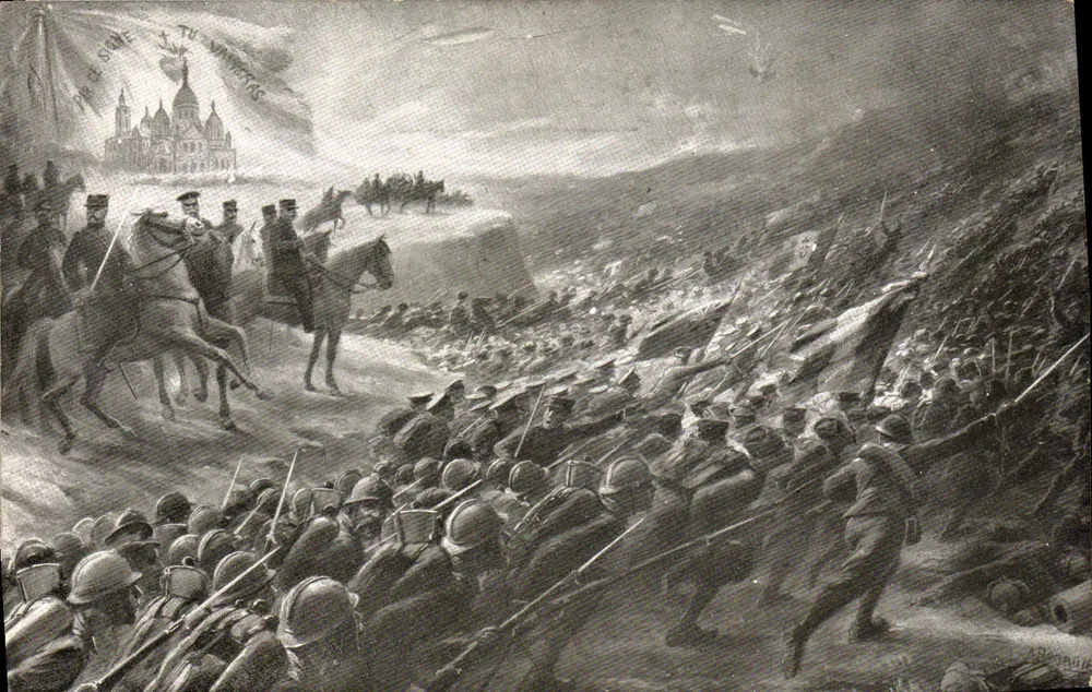 Batalha da montanha — cena de combate com soldados e bandeiras — editor Joseph Russel, Nice - Frente