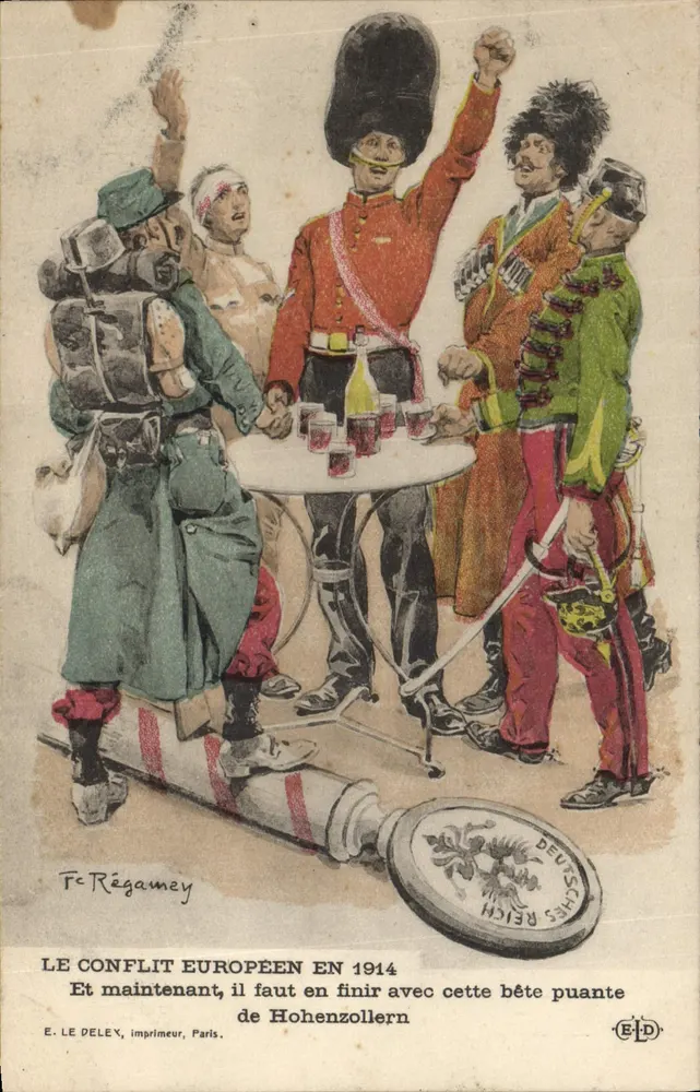 O conflito europeu em 1914 — caricatura de soldados de diferentes nações ao redor de uma mesa — E. Le Delex, impressor, Paris - Frente