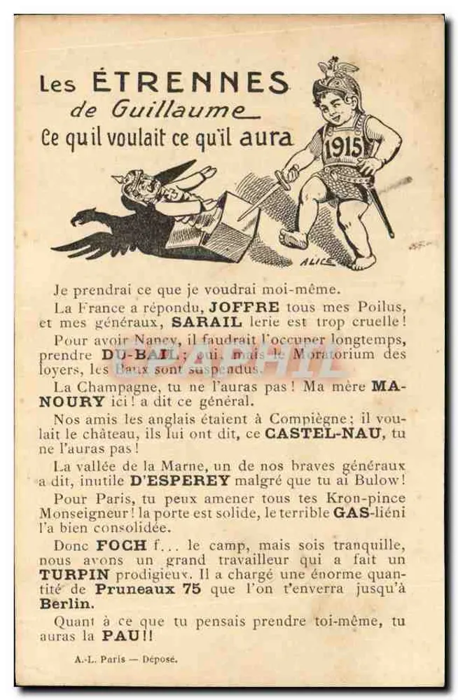 Die Neujahrsgrüße von Guillaume — 1915 — A.L. Paris — Abgegeben. - Vorderseite