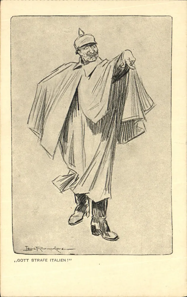 Caricatura de um soldado alemão — 'GOTT STRAFE ITALIEN!' — Louis Riemarkers - Frente