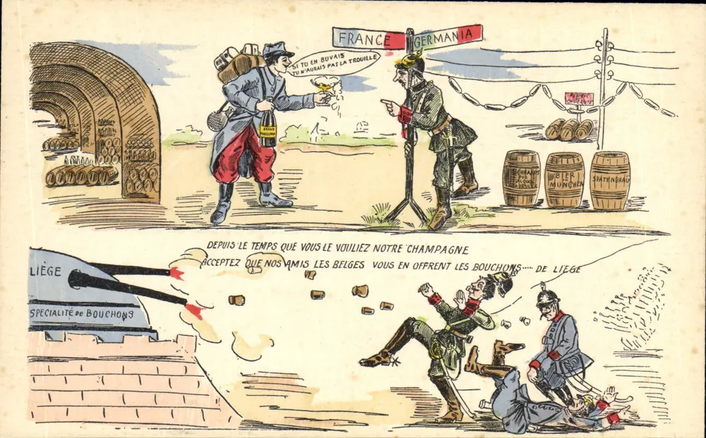 Französische und deutsche Soldaten an der Grenze — humorvolle Karikatur — Verleger nicht sichtbar - Vorderseite