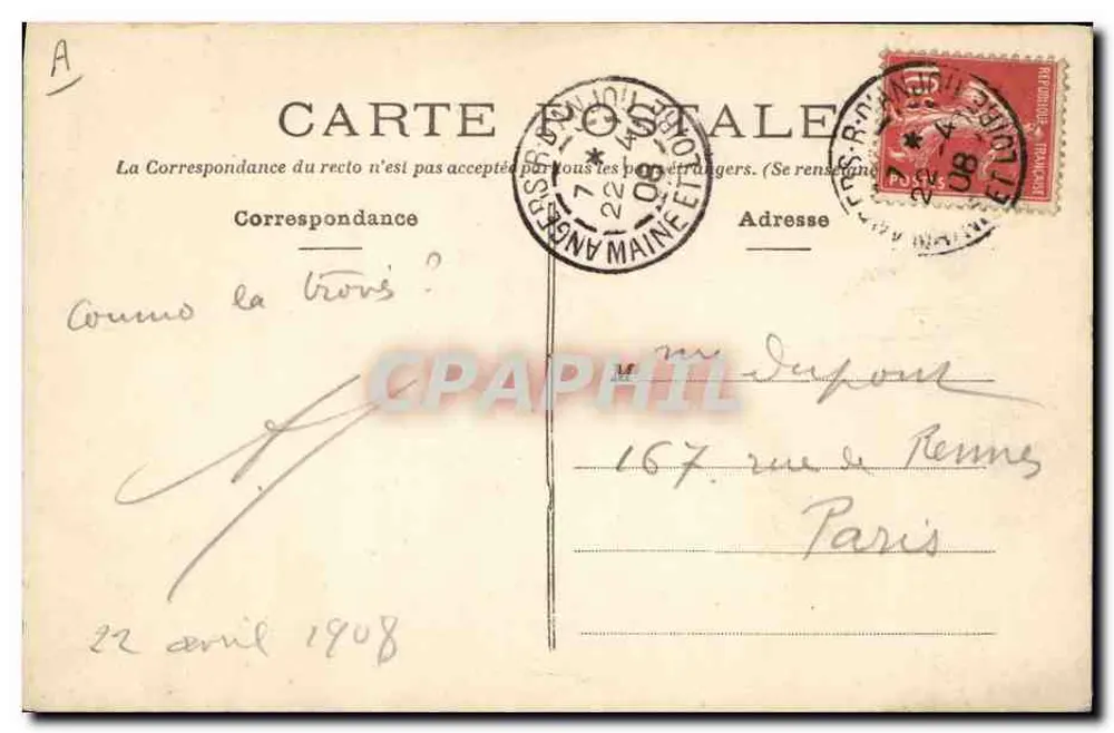 Capeleira de Anjou — mulher usando um chapéu com laço grande e renda — editor não identificado - Verso