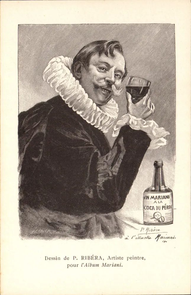 Mann mit Kragen — Werbeillustration für Vin Mariani à la Coca du Pérou — Zeichnung von P. Ribéra für das Album Mariani - Vorderseite