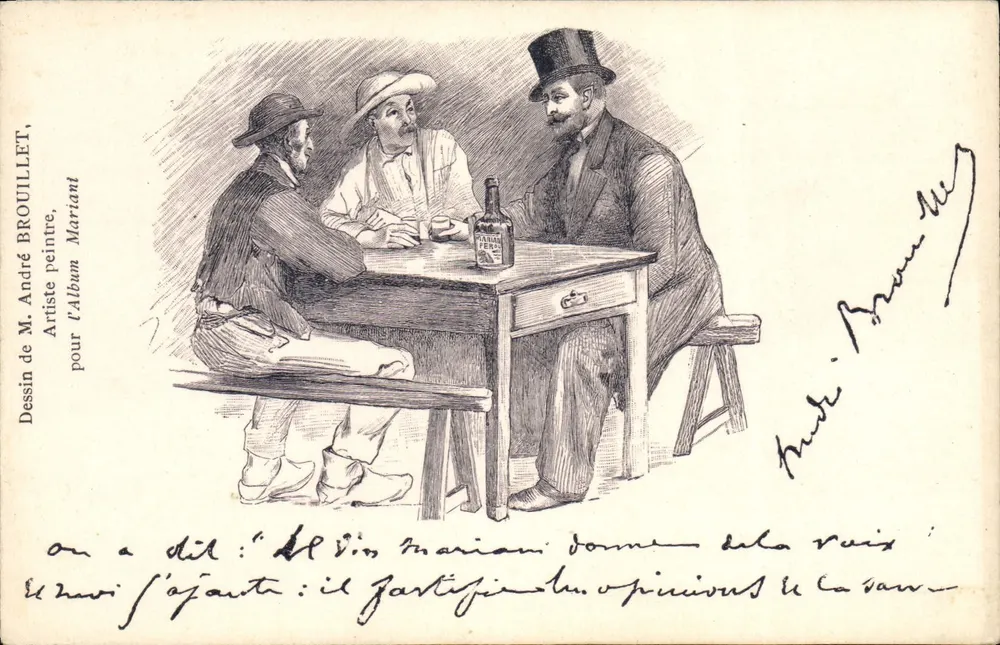 Drei Männer am Tisch — Café-Szene — Zeichnung von M. André Brouillet für das Album Mariani - Vorderseite
