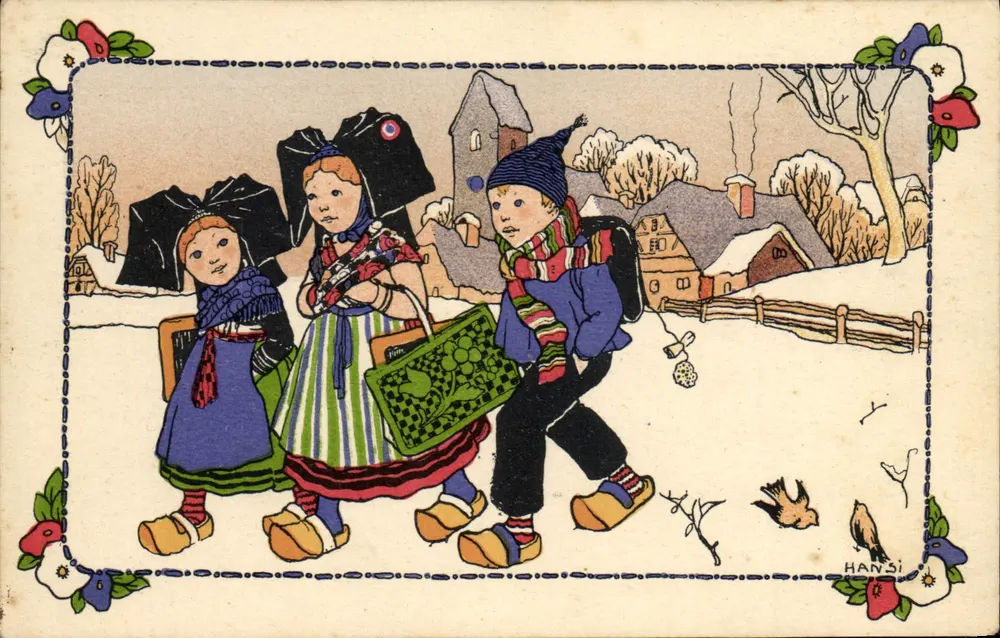 Kinder in traditioneller Kleidung in einem schneereichen Dorf — Hansi - Vorderseite