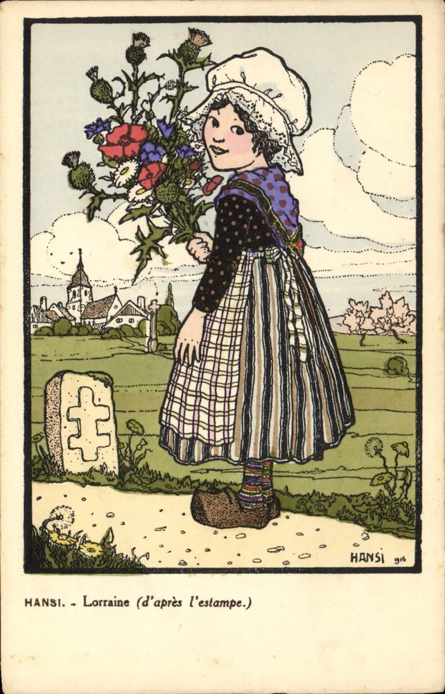 Lorraine — junges Mädchen im traditionellen Kleid mit Blumenbouquet — Hansi, 1916 - Vorderseite