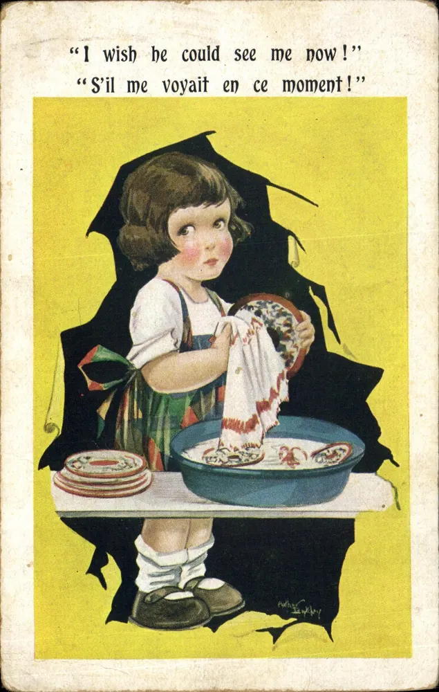 Kleine Mädchen, die Geschirr spült — Comique Art Co. — Serie 5061 - Vorderseite