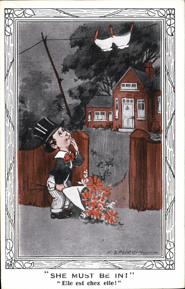 Mann in eleganter Kleidung — vor einem Tor mit Blumen — Zeichnung von F. Spurgin — Inter-Art Co. Nr. GM-4 - Vorderseite