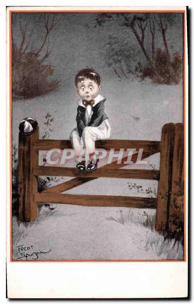 Kind in Kostüm sitzt auf einem Tor — Illustration von Fred Spurgin — Verlag nicht sichtbar - Vorderseite