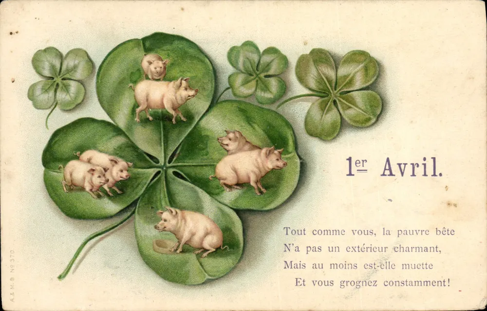 Piglets sur trèfle à quatre feuilles — jeu de mots pour le 1er avril — éditeur A.&N.B. n° 370 - Frente