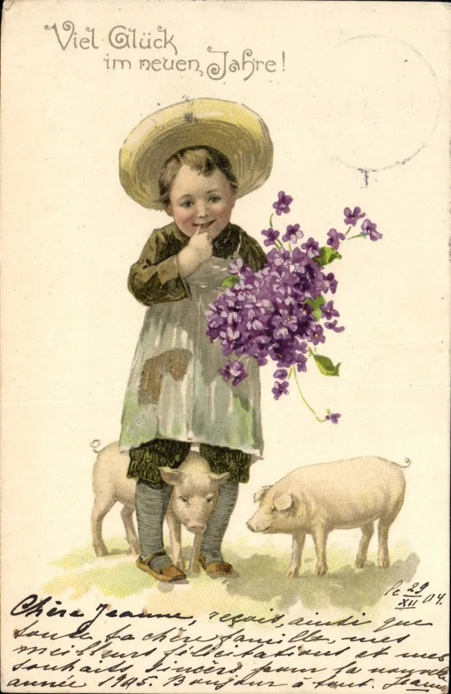 Criança com leitões e lilás — desejo de feliz ano novo — editor Weitpostverein, n° 5535 - Frente