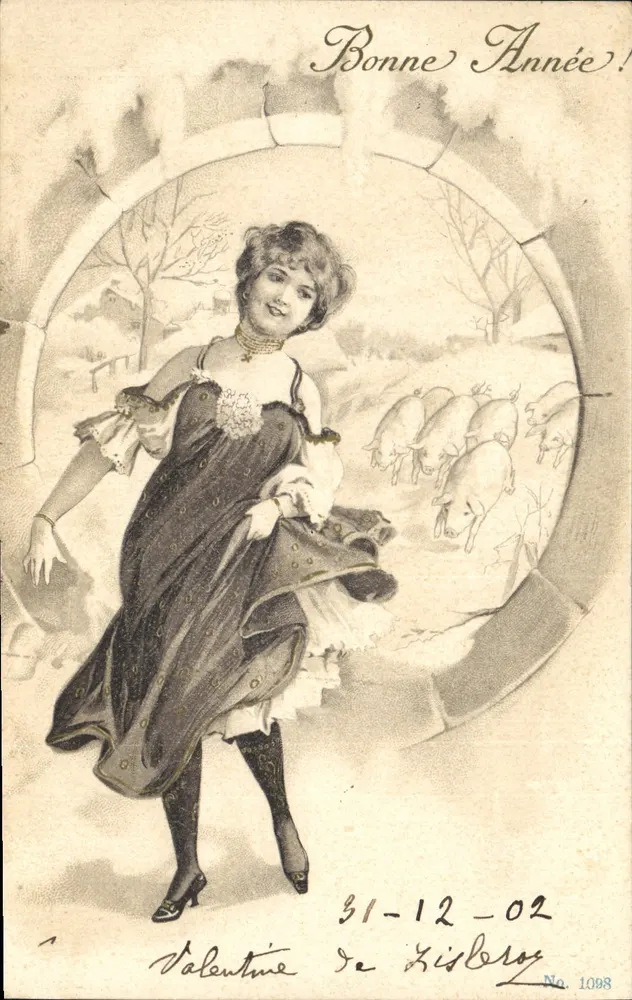 Junge Frau, die tanzt — Landwirtschaftliche Szene mit Schweinen — Valentine de Kisberoy, n° 1098 - Vorderseite