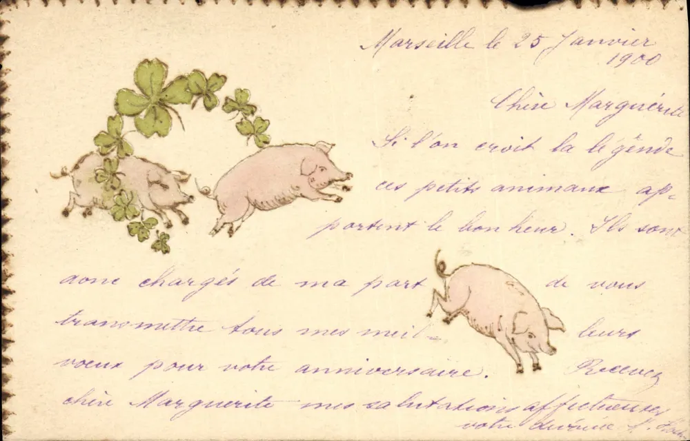 Três porcos e folhas de trêfola — carta postal ilustrada — editada por C. P. A. (n° 103) - Frente