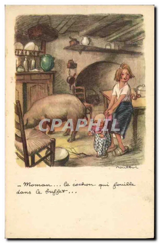 Mulher e criança em uma cozinha — porco revirando o armário — desenho de Rouleb - Frente