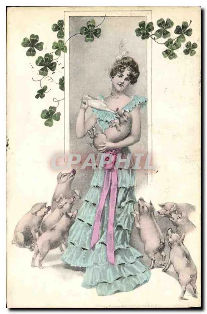 Frau in blauer Robe, die Ferkel füttert — Kleeblatt-Verzierung — Verlag K.V.B. n° 685 - Vorderseite