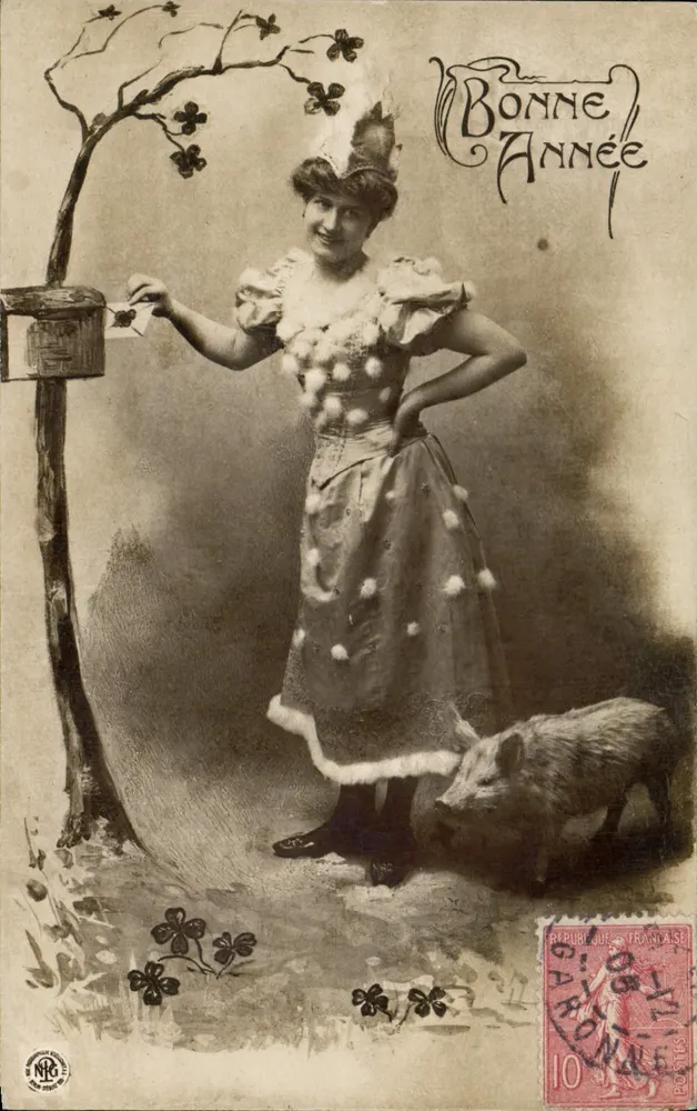 Frau in festlichem Kleid mit Schwein — Frohes Neues Jahr — NRG, Paris - Vorderseite