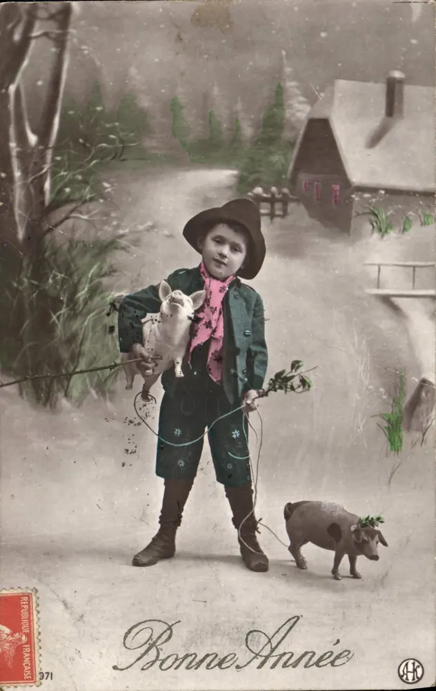 Bambino con due maialini — Buon Anno — Repubblica Francese 371 - Recto