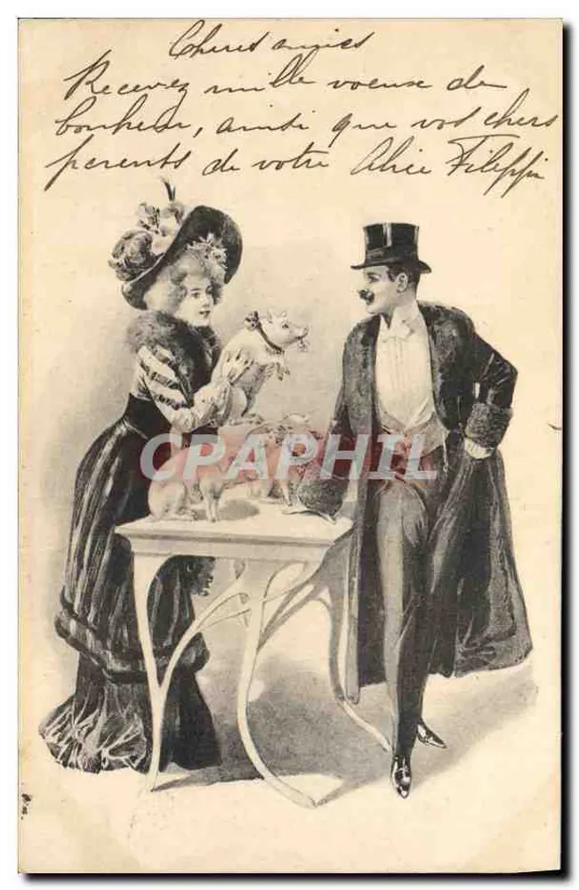 Elegantes Paar mit Hund — Illustration — kein Verleger oder Nummer sichtbar - Vorderseite