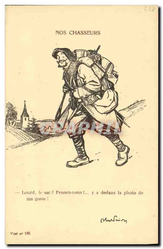 I Nostri Cacciatori — caricatura di soldato con zaino — Musfairy, n° 195 - Recto