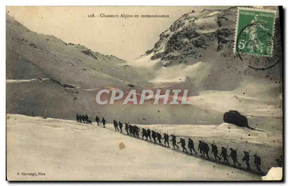 Chasseurs Alpins en reconnaissance — montagne enneigée — A. Savvaigo, Nice - Vorderseite