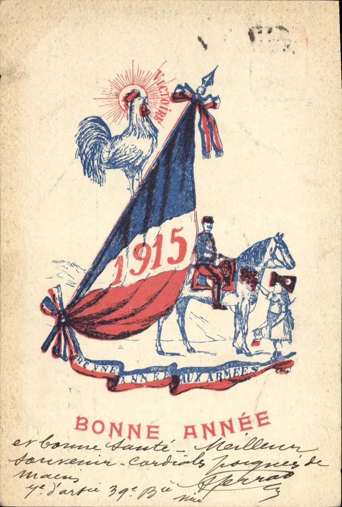 Bom Ano 1915 — Vitória nas Forças Armadas — Marasco, Imp. 39, rue Barla, Nice - Frente