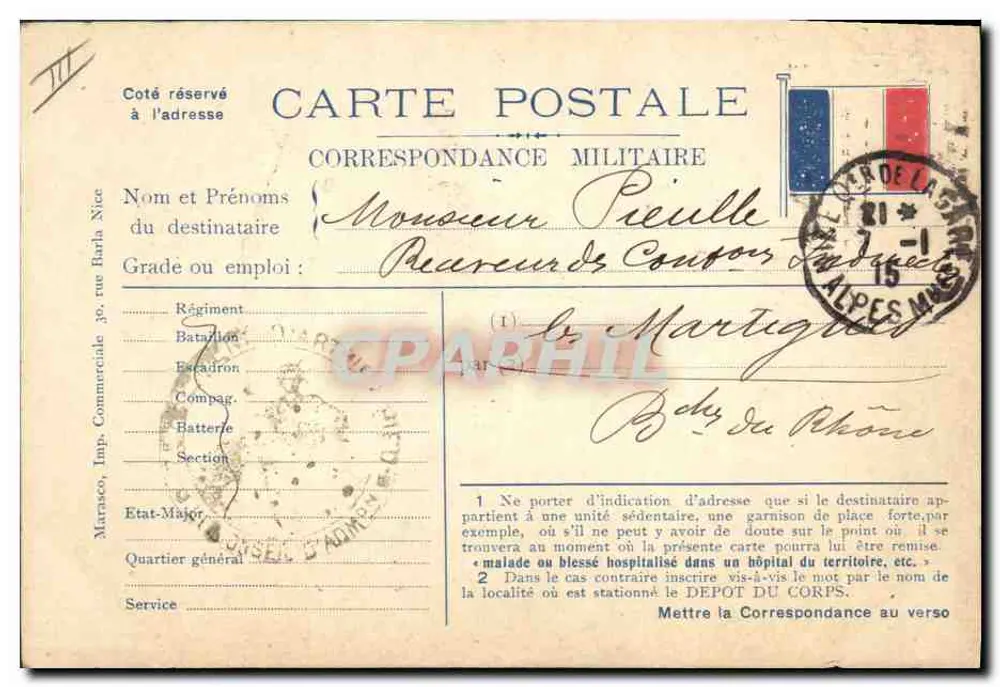 Bom Ano 1915 — Vitória nas Forças Armadas — Marasco, Imp. 39, rue Barla, Nice - Verso