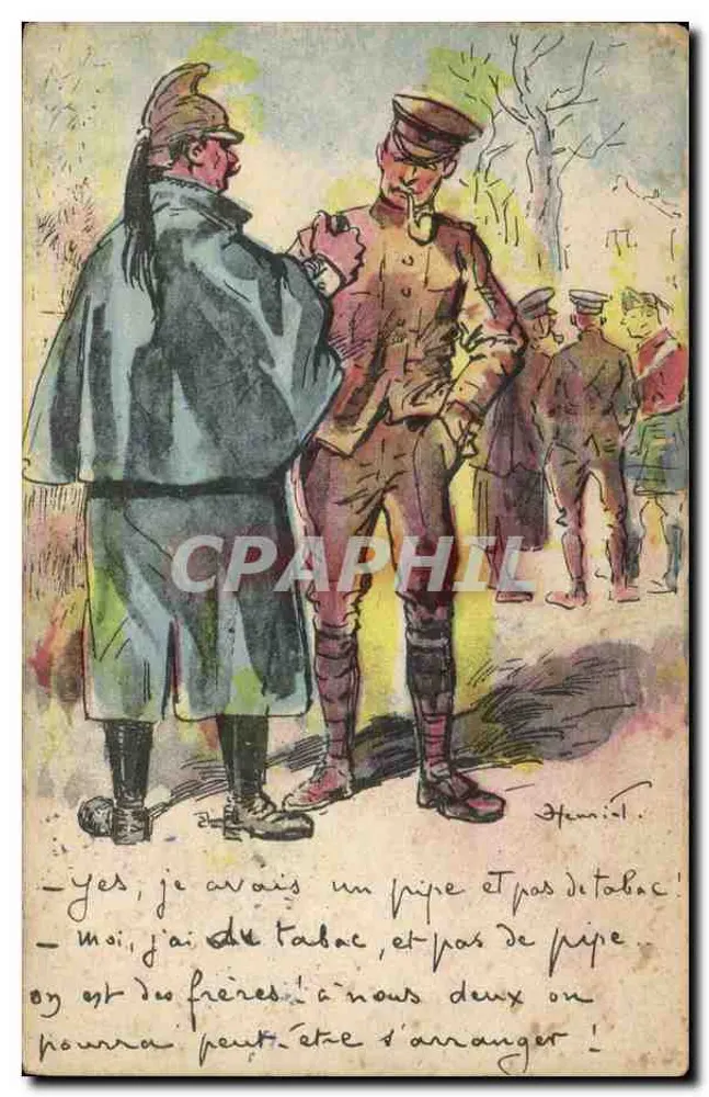 Deux soldats en conversation — scène de camp militaire — éditeur Henriot - Frente