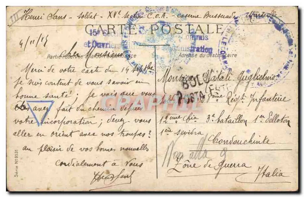 Deux soldats en conversation — scène de camp militaire — éditeur Henriot - Verso