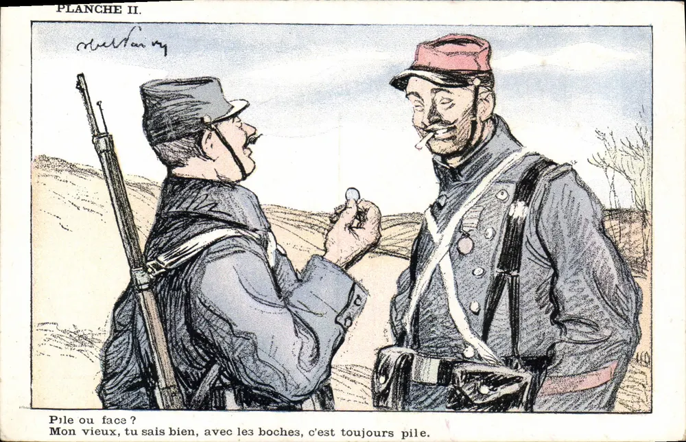 Soldados franceses e alemães jogando cara ou coroa — Placa II — Coleção Artística do Licor de Mentha de Ricqlès - Frente