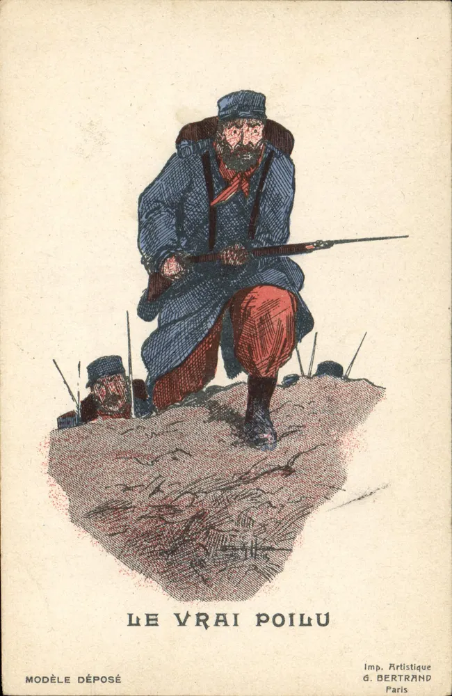 Le Vrai Poilu — Soldado em posição de combate — Imp. Artística G. Bertrand, Paris - Frente