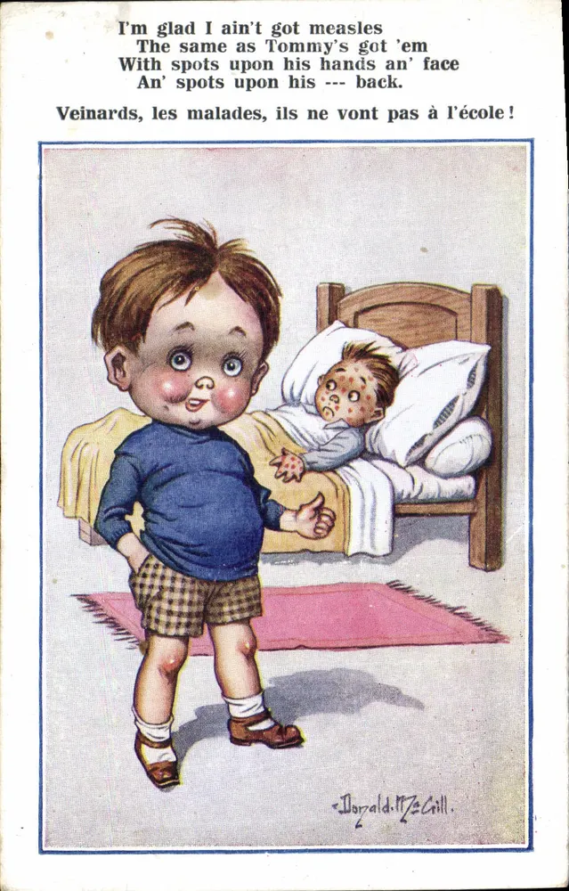 Fröhliches Kind vor krankem Klassenkameraden — Donald McGill — Inter-Art Co. COMIQUE-Serie, Nr. 3793 - Vorderseite