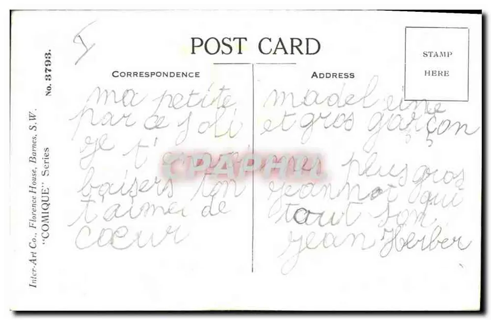 Fröhliches Kind vor krankem Klassenkameraden — Donald McGill — Inter-Art Co. COMIQUE-Serie, Nr. 3793 - Rückseite