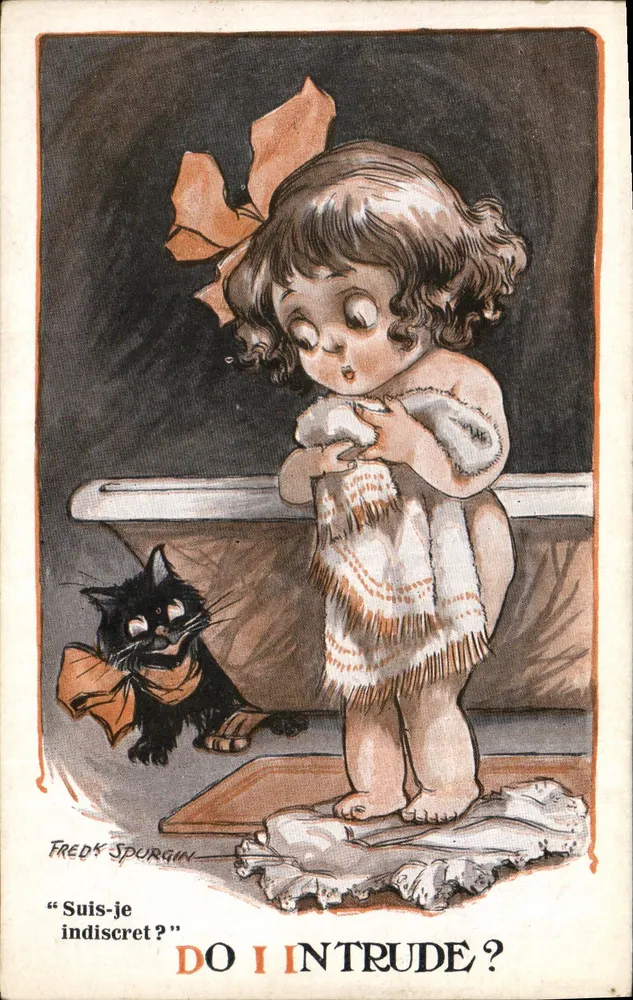 Kleine Mädchen und schwarzer Kater — Fred Spurgin — Inter-Art Co. 'Wee Rogues' Serie N°568 - Vorderseite