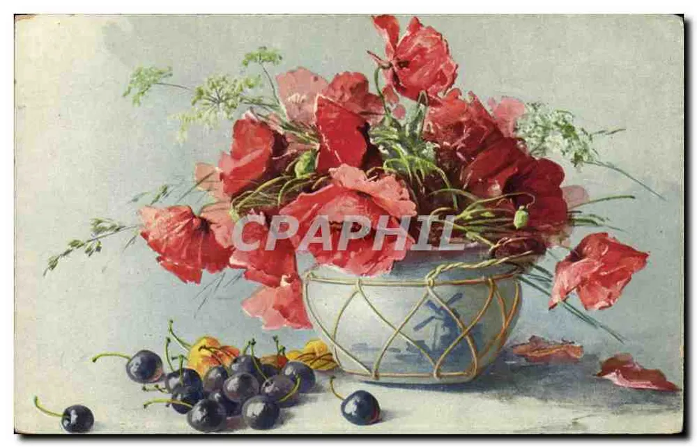 Bouquet van rode papaveren — kersjes en bladeren — uitgever Zwitserland n° 862 - Voorkant