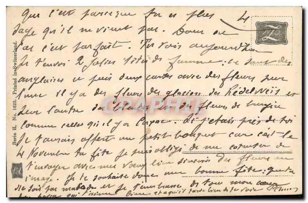 फूलों का बूंदा — ग्लेईल्स और ब्रूयेर के फूल — स्विटजरलैंड में मुद्रित, श्रृंखला II, संख्या 1828 - पीछे