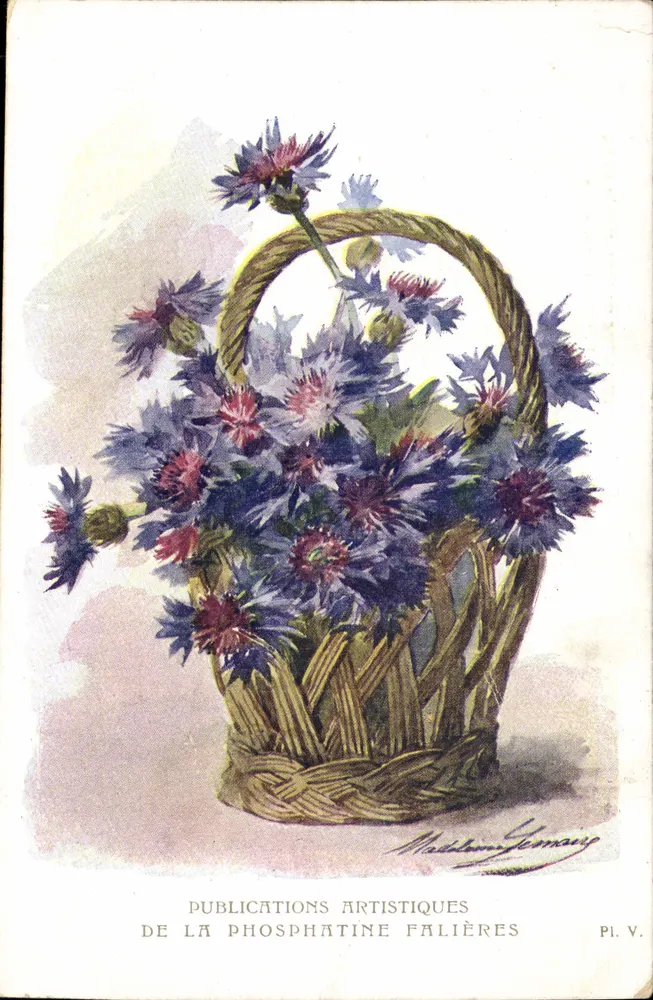 Bouquet de coquelicots dans un panier tressé — illustration de Madame Yonmarie — Publications Artistiques de la Phosphatine Falières, Pl. V. - Frente