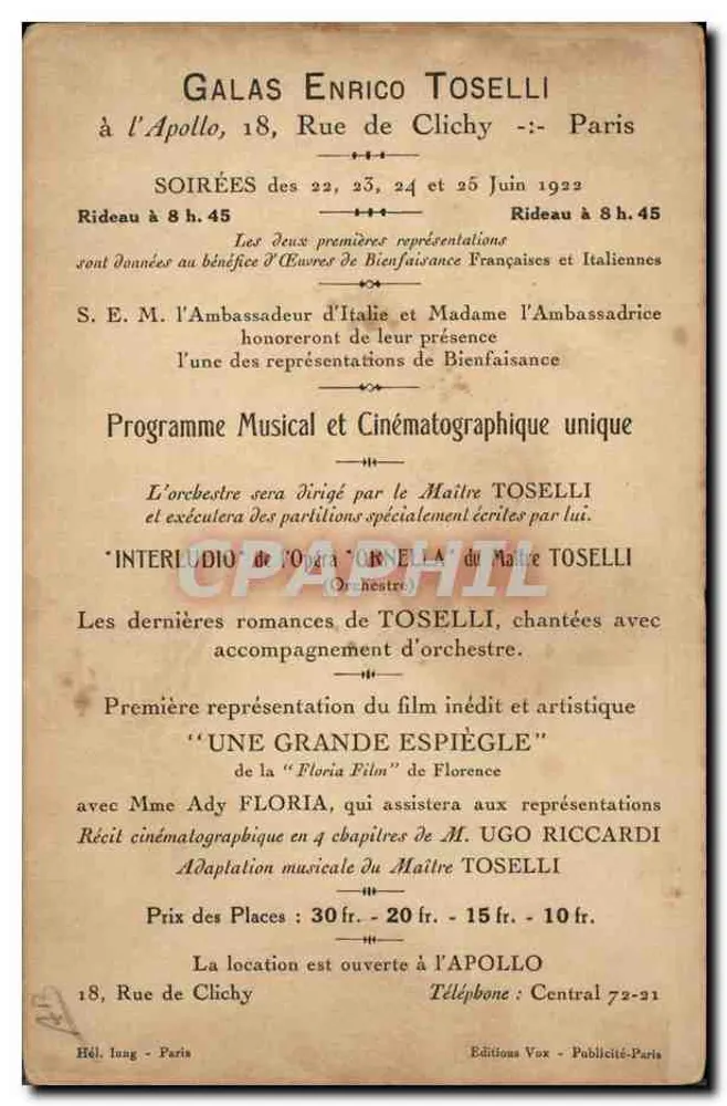 Enrico Toselli — italienischer Komponist, Autor der berühmten 'Serenata' — Editions Vox - Rückseite