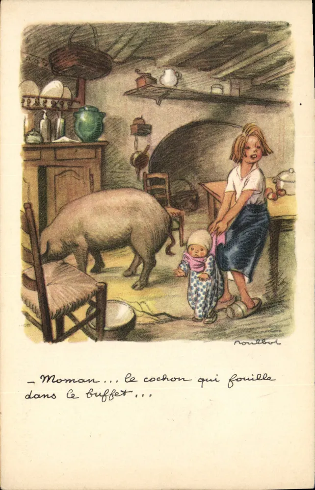 Criança e porco na cozinha — ilustração de Roullot — Ligue Nationale Contre le Taudis - Frente