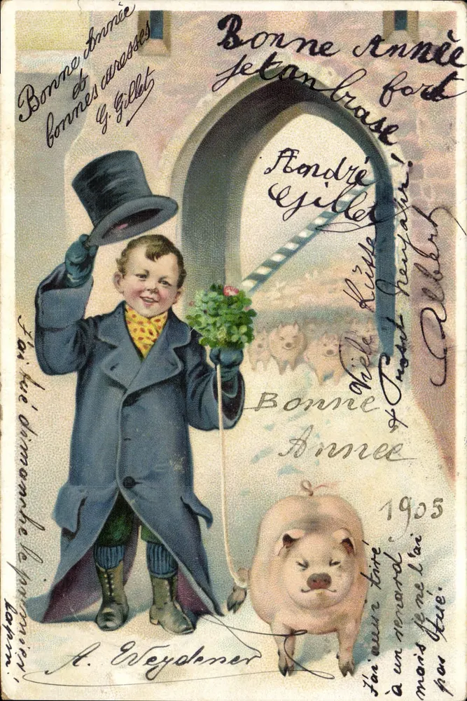 Criança com porco — Feliz Ano Novo 1905 — A. Weydener - Frente