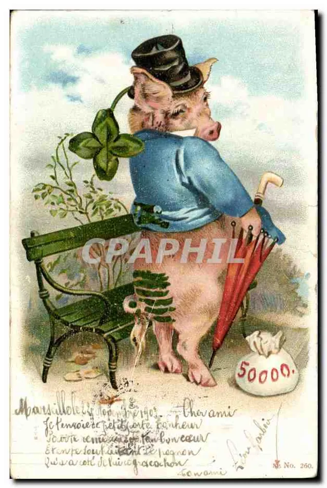 Porc en costume — assis sur un banc avec un parapluie et un sac de 50000 francs — éditeur G. BONVILLIEN, n° 260 - Frente