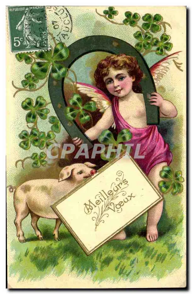Chercheur de trésors — petit ange avec un porcelet et un panneau « Meilleurs Vœux » — éditeur anonyme, n° de série non visible - Frente
