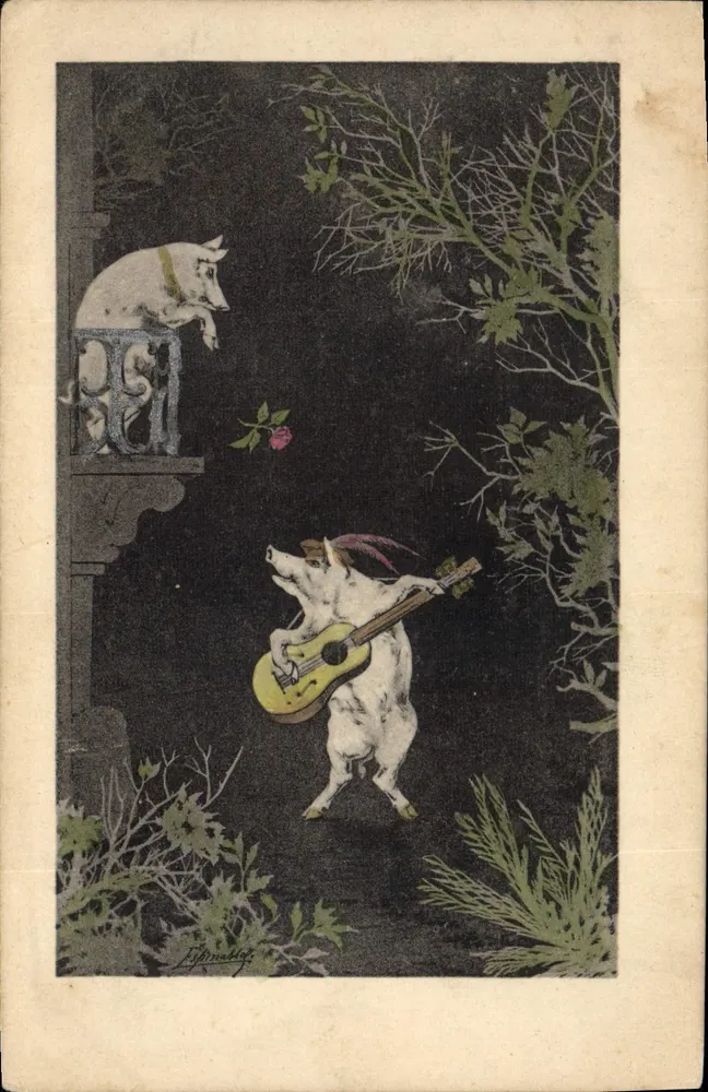 Świnka grająca na gitarze — scena nocna — J. J. H. (widoczna podpis) - Awers