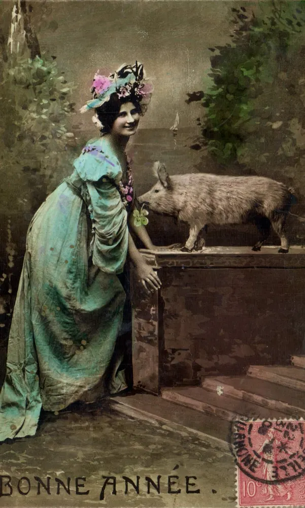 Frau in blauer Robe und Eber — Frohes Neues Jahr — Oranotypie, Steglitz, n° 6 - Vorderseite