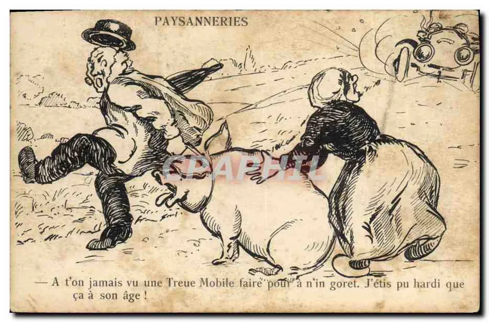 Ländliche Szene — Karikatur von Bauern vor einem Auto — Verlag: Fabrique de Cartes Postales - Vorderseite